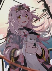 Rule 34 | alternate hairstyle, animal ears, arknights, black choker, black hairband, blush, bracelet, cat, cat ears, choker, coat, collarbone, crying, crying with eyes open, goldenglow (arknights), gradient skin, hair down, hairband, highres, infection monitor (arknights), jewelry, lightning bolt print, long hair, long sleeves, looking at viewer, open clothes, open coat, open mouth, orange eyes, phone, pink coat, pink sky, sky, solo, soragaku (molvnu), tears, upper body, white cat