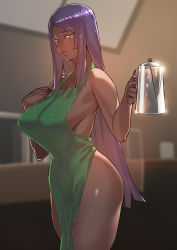 Rule 34 | 1girl, apron, bare shoulders, barista, black hair, bottomless, breasts, dark-skinned female, dark skin, fate/grand order, fate (series), green apron, green eyes, hamushima, iced latte with breast milk (meme), large breasts, long hair, looking at viewer, meme, naked apron, parted bangs, scheherazade (fate), sideboob, solo, thighs, topless