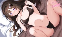 Rule 34 | 1girl, absurdres, arknights, artist name, bed, bikini, black bikini, blush, breasts, breasts apart, brown hair, chinese commentary, closed mouth, ddddecade, feet out of frame, hair ornament, hairband, hand on own chest, highres, long hair, looking at viewer, lying, m legs, medium breasts, navel, o-ring, o-ring bikini, on back, on bed, pillow, priestess (arknights), purple eyes, signature, smile, solo, spread legs, stomach, swimsuit, wavy hair