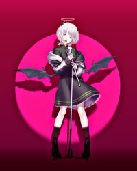 Rule 34 | 1girl, akatsuki luci, black dress, black footwear, black jacket, boots, breasts, broken horn, commentary request, demon wings, dress, fake halo, full body, half-closed eyes, halo, head tilt, highres, holding, holding microphone stand, horns, indie virtual youtuber, jacket, jacket partially removed, long sleeves, looking at viewer, low wings, magari (c0rn3r), medium breasts, microphone stand, multicolored clothes, multicolored hair, multicolored jacket, music, open mouth, pigeon-toed, pink hair, purple eyes, red background, shadow, short hair, singing, solo, spotlight, standing, streaked hair, two-tone jacket, vignetting, virtual youtuber, white hair, white jacket, wings, wolf cut