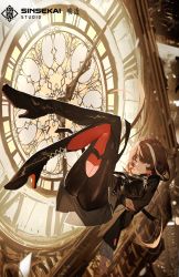 Rule 34 | 1girl, ass, black thighhighs, boots, brown hair, clock, clock tower, copyright name, earrings, green eyes, high heel boots, high heels, highres, jewelry, kuronoiparoma, looking at viewer, multicolored hair, original, solo, thigh boots, thighhighs, tower, virtual youtuber, white hair
