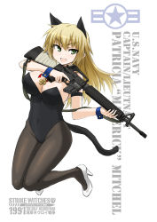 Rule 34 | 1girl, animal ears, assault rifle, bad id, bad pixiv id, black pantyhose, blonde hair, breasts, cat ears, cat tail, character name, cleavage, copyright name, covered navel, dakku (ogitsune), fang, green eyes, gun, high heels, kittysuit, large breasts, leotard, long hair, looking at viewer, m16, m16a2, medal, nontraditional playboy bunny, open mouth, original, pantyhose, patricia mitchell, playboy bunny, rifle, shoes, smile, solo, strike witches, strike witches 1991, tail, trigger discipline, weapon, world witches series, wrist cuffs