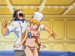 Rule 34 | 00s, 1boy, 1girl, american flag bikini, animated, animated gif, bikini, black hair, blonde hair, breasts, blowing bubbles, buttjob, ceiling, ceiling light, chef, chef hat, chewing gum, cowboy shot, flag print, grinding, groin, hat, hetero, long hair, looking at another, looking back, lowres, medium breasts, monica adenauer, navel, rubbing, screencap, side-tie bikini bottom, standing, striped, suwabara kai, swimsuit, teasing, twintails, united states, very long hair, yakitate!! japan