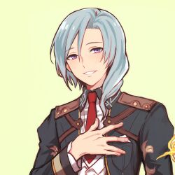Rule 34 | 1boy, bishnal (rune factory), black collar, black jacket, blue hair, collar, collared shirt, commentary request, hair between eyes, hair over shoulder, hand on own chest, hand up, highres, jacket, korean commentary, long hair, long sleeves, looking at viewer, male focus, necktie, open mouth, purple eyes, red necktie, rune factory, rune factory 4, shirt, simple background, smile, solo, tb (spr1110), upper body, white shirt