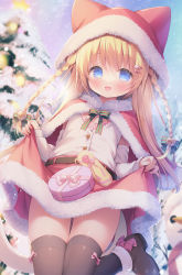 Rule 34 | 1girl, :d, animal ears, animal hat, bell, black thighhighs, blonde hair, blue eyes, blurry, blurry background, bow, box, braid, brown footwear, capelet, cat tail, commentary, day, depth of field, fake animal ears, fur-trimmed capelet, fur-trimmed headwear, fur-trimmed skirt, fur trim, gift, gift box, hair bell, hair between eyes, hair bow, hair ornament, hairclip, hat, heart, heart hair ornament, jingle bell, long hair, long sleeves, looking at viewer, open mouth, original, outdoors, pink bow, red capelet, red hat, red skirt, shirt, shoes, skirt, skirt basket, sleeves past wrists, smile, snow, snowing, snowman, solo, striped, striped bow, symbol-only commentary, tail, thighhighs, tree, twin braids, usashiro mani, very long hair, white shirt