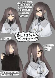 Rule 34 | 1girl, akuta hinako, arms at sides, black-framed eyewear, black sweater, breasts, brown eyes, capelet, closed mouth, commentary request, cropped torso, ear piercing, eyes visible through hair, unworn eyewear, eyewear visible through hair, fate (series), furrowed brow, glasses, grey hair, hair over one eye, hand up, highres, hinomaru (futagun), holding, holding removed eyewear, long hair, long sleeves, looking at viewer, medium breasts, multiple views, open mouth, piercing, ribbed sweater, smile, speech bubble, sweater, translation request, turtleneck, turtleneck sweater, twintails, v-shaped eyebrows, very long hair