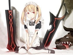 Rule 34 | 1girl, apron, bad id, bad pixiv id, blonde hair, blood, frilled apron, frills, highres, kimura (ykimu), long hair, looking at viewer, maid, maid headdress, open mouth, original, pantyhose, red eyes, sitting, solo, sword, twintails, wariza, weapon, white pantyhose