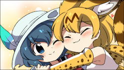 Rule 34 | 10s, 2girls, :3, ;), animal ears, blonde hair, blue eyes, blue hair, blush, cat ears, cat tail, cheek-to-cheek, eromame, closed eyes, gloves, hat, hat feather, heads together, heart, hug, kaban (kemono friends), kemono friends, multiple girls, one eye closed, red shirt, serval (kemono friends), serval print, serval tail, shirt, short hair, smile, tail