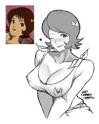 Rule 34 | 1960s (style), 1girl, 2021, absurdres, alternate breast size, artist name, bare arms, bare shoulders, blush, bow, breasts, brown eyes, brown hair, cleavage, comparison, covered erect nipples, cropped torso, female focus, hair bow, heart, highres, kansu kansu, mach go go go, medium breasts, modern drawing style, monochrome, oldschool, one eye closed, retro artstyle, shimura michi, shirt, short hair, simple background, sleeveless, sleeveless shirt, solo, trixie, upper body, v arms, white background, wink, yellow bow