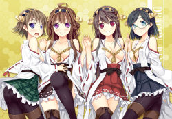 Rule 34 | 10s, 4girls, :d, ahoge, areola slip, ass, bare shoulders, black hair, black legwear, blue eyes, blush, boots, breasts, brown hair, cleavage, covered erect nipples, detached sleeves, double bun, frilled skirt, frills, glasses, green eyes, hair ornament, hairband, haruna (kancolle), hiei (kancolle), holding hands, japanese clothes, kantai collection, kirishima (kancolle), kongou (kancolle), long hair, looking at viewer, minase, multiple girls, nontraditional miko, open mouth, panties, panties under pantyhose, pantyhose, pantyshot, plaid, plaid skirt, purple eyes, red eyes, ribbon-trimmed sleeves, ribbon trim, short hair, skirt, smile, thigh boots, thighhighs, underwear, white panties, zettai ryouiki