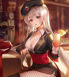 Rule 34 | 1girl, apple caramel, beret, black hat, black jacket, black skirt, blurry, blurry background, breasts, cleavage, collarbone, commentary request, cup, drinking straw, food, fruit, gem, hat, highres, holding, holding cup, jacket, large breasts, long hair, long sleeves, looking at viewer, original, photoshop (medium), pineapple, pineapple slice, red eyes, shirt, silver hair, skirt, solo, very long hair, white shirt