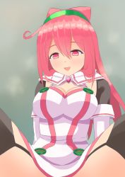 Rule 34 | 10s, 1girl, blush, breasts, cleavage, female focus, gloves, hacka doll, hacka doll 2, large breasts, long hair, looking at viewer, open mouth, pink eyes, pink hair, shizukage (shizukageya), sizukage, smile, solo, thighhighs