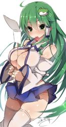 Rule 34 | 1girl, between breasts, blush, breasts, cleavage cutout, clothing cutout, colorized, condom, condom in mouth, detached sleeves, frog hair ornament, gohei, greatmosu, green eyes, green hair, hair ornament, hair tubes, heart, heart-shaped pupils, highres, japanese clothes, kochiya sanae, large breasts, long hair, long sleeves, looking at viewer, matching hair/eyes, md5 mismatch, miko, miniskirt, mouth hold, oonusa, resized, signature, simple background, sketch, skirt, smile, snake hair ornament, solo, symbol-shaped pupils, thighhighs, touhou, upskirt, white background, white thighhighs, wide sleeves