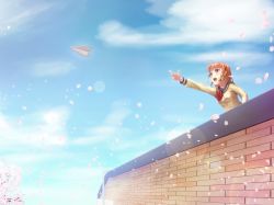 Rule 34 | 1girl, :d, ahoge, b.ren, blue sky, bow, bowtie, braid, brick wall, brown eyes, cloud, day, highres, lens flare, long sleeves, love live!, love live! sunshine!!, on roof, open mouth, orange hair, outdoors, paper airplane, petals, school uniform, side braid, sky, smile, solo, takami chika, throwing, uranohoshi school uniform, yellow bow