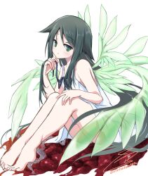 Rule 34 | 1girl, bare arms, barefoot, black hair, blood, commentary, dress, flat chest, from side, full body, green eyes, green wings, hand on own knee, hand up, highres, knees up, leaning forward, long hair, looking at viewer, parted bangs, parted lips, playing with own hair, saya (saya no uta), saya no uta, sidelocks, signature, simple background, sitting, sleeveless, sleeveless dress, solo, sundress, thighhighs, toes, twitter username, usetsusakon2, very long hair, white background, white dress, wings