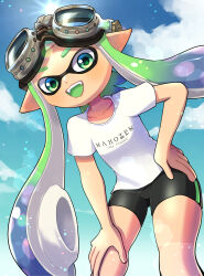 Rule 34 | 1girl, absurdres, bike shorts, black shorts, cloud, day, domino mask, fangs, goggles, goggles on head, green eyes, green hair, hand on own hip, hand on own thigh, highres, inkling, inkling girl, inkling player character, leaning forward, long hair, looking at viewer, mano (mix103), mask, nintendo, open mouth, outdoors, pointy ears, shirt, short shorts, short sleeves, shorts, sky, smile, solo, splatoon (series), suction cups, tentacle hair, thighs, white shirt