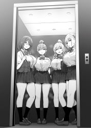 Rule 34 | 4girls, :d, bag, body heat, bow, bowtie, breasts, collared shirt, elevator, full body, glasses, greyscale, hair bun, highres, kneehighs, large breasts, long hair, looking at viewer, monochrome, multiple girls, open mouth, original, parted lips, pleated skirt, ponytail, shirt, shirt tucked in, shoes, short sleeves, shoulder bag, single hair bun, skirt, sky-freedom, smile, socks, standing, steam, thighs, yui (sky-freedom), yurie (sky-freedom)