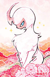 Rule 34 | absol, alternate color, blue eyes, closed mouth, commentary, commission, creature, creatures (company), english commentary, flower, full body, game freak, gen 3 pokemon, highres, nintendo, no humans, pokemon, pokemon (creature), shiny pokemon, signature, simple background, sitting, smile, solo, sparkle, white background, yoshida nina