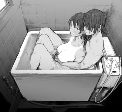 Rule 34 | 1boy, 1girl, arms around waist, bathroom, bathtub, blush, commentary request, faceless, faceless male, from side, greyscale, hetero, highres, hose, indoors, long hair, mixed-sex bathing, monochrome, nipples, nude, original, partially submerged, shared bathing, short hair, survival yaiba, sweat, tan, tanline, water