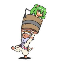Rule 34 | 1girl, animal, bucket, capcom, carrying, cat, felyne, female focus, goggles, green eyes, green hair, hair bobbles, hair ornament, hat, in bucket, in container, kakinoki mikan (kari), kisume, monster hunter (series), open mouth, touhou, twintails, white background