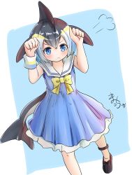 Rule 34 | 10s, 1girl, puff of air, black hair, blonde hair, blowhole, blue eyes, blue hair, blush, bow, bowtie, cetacean tail, commentary request, common dolphin (kemono friends), dress, fins, fish tail, frilled dress, frills, highres, kemono friends, maccha pudding (dragonmaster464), multicolored hair, paw pose, pleated dress, pout, sailor collar, sailor dress, short hair, sleeveless, solo, tail