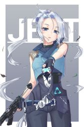 Rule 34 | 1girl, animification, belt, black bodysuit, blue belt, blue eyes, blue gloves, blue jacket, bodysuit, cropped jacket, fingerless gloves, floating hair, gloves, gun, head tilt, highres, holding, holding gun, holding knife, holding weapon, jacket, jett (valorant), knife, kunai, looking at viewer, open mouth, parted hair, ponytail, roro rosset, silver hair, solo, submachine gun, valorant, weapon, wind