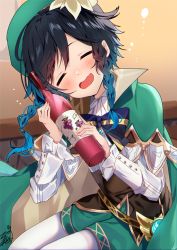 Rule 34 | 1boy, beret, black hair, blue hair, blush, bottle, braid, brooch, cape, closed eyes, collared cape, commentary, corset, drunk, flower, frilled sleeves, frills, genshin impact, gradient hair, green cape, green hat, green shorts, hat, hat flower, jewelry, juliet sleeves, long sleeves, male focus, multicolored hair, omuretsu, open mouth, pantyhose, puffy sleeves, shirt, short hair with long locks, shorts, smile, solo, twin braids, venti (genshin impact), white flower, white pantyhose, white shirt, wine bottle