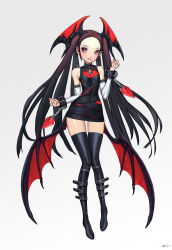 1girl bad_id bad_twitter_id bat_wings bell belt black_hair bridal_gauntlets brown_hair chain elbow_gloves etama_quomo flat_chest full_body gloves gradient_hair grey_background head_wings highres long_hair looking_at_viewer low_wings multicolored_hair orange_eyes original parted_lips signature solo thighhighs very_long_hair wings wrist_cuffs