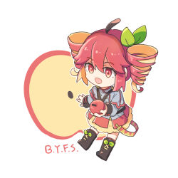 1girl ahoge apple black_footwear boots chibi drill_hair food food-themed_clothes food-themed_hair frontiersun fruit grey_jacket highres holding holding_food jacket kasane_teto kasane_teto_(sv) long_sleeves open_mouth red_eyes red_hair short_hair simple_background skirt smile solo synthesizer_v twin_drills utau white_background