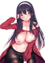 Rule 34 | 1girl, backless outfit, bare shoulders, black hair, black pantyhose, blush, breast press, breasts, cleavage, closed mouth, collarbone, cowboy shot, dress, female pubic hair, hairband, hand up, large breasts, long hair, long sleeves, murasakio, navel, nipples, no bra, no panties, off-shoulder dress, off-shoulder sweater, off shoulder, pantyhose, pubic hair, red dress, red eyes, red sweater, scratching head, simple background, sitting, smile, solo, spy x family, sweater, sweater dress, thigh gap, thighband pantyhose, wardrobe error, white background, yor briar