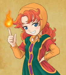 Rule 34 | 1girl, blue eyes, blush, breasts, curly hair, dragon quest, dragon quest vii, dress, female focus, gradient background, long hair, maribel (dq7), red hair, sekisiki, solo
