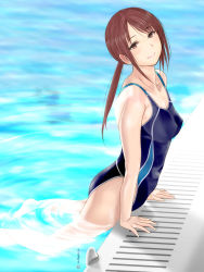 Rule 34 | 10s, 1girl, brown eyes, brown hair, cloritin, competition swimsuit, crotch rub, floating, highres, idolmaster, idolmaster cinderella girls, long hair, looking at viewer, masturbation, mifune miyu, one-piece swimsuit, partially submerged, ponytail, pool, poolside, smile, solo, swimming, swimsuit, table humping, wading, water