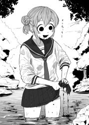 Rule 34 | 1girl, 4shi, :d, bags under eyes, breasts, commentary request, cowboy shot, dango-chan (4shi), drooling, greyscale, hair bun, highres, hollow eyes, lake, medium breasts, monochrome, neckerchief, open mouth, original, outdoors, pleated skirt, ripples, rock, sailor collar, school uniform, serafuku, shirt, short hair, skirt, skirt hold, sleeves pushed up, smile, solo, standing, translation request, tree, wading, wet, wet clothes, wet shirt, wet skirt, wringing clothes, wringing skirt
