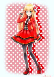 Rule 34 | 1girl, absurdres, black pantyhose, blonde hair, blue eyes, creatures (company), dress, frills, game freak, hair ornament, highres, long hair, looking at viewer, nintendo, pantyhose, poke ball hair ornament, poke ball theme, pokemon, pokemon duel, red dress, red footwear, sharon (pokemon), shoes, smile, solo, toppema mapetto