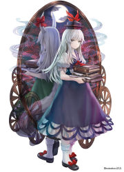 Rule 34 | 2girls, alternate eye color, artist name, artist request, back-to-back, black footwear, blue dress, blue hat, book, book stack, bow, cloud, dress, dual persona, ex-keine, footwear bow, from behind, full moon, green dress, grey eyes, hat, hat ribbon, highres, holding, holding book, horn bow, horn ornament, horns, kamishirasawa keine, long hair, looking at viewer, moon, multiple girls, paper, petticoat, pinafore dress, puffy short sleeves, puffy sleeves, red bow, red ribbon, ribbon, shirt, shoes, short sleeves, sidelocks, silver hair, simple background, sleeveless, sleeveless dress, smile, socks, strange creators of outer world, touhou, white background, white legwear, white shirt