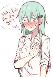 Rule 34 | 10s, 1girl, aqua hair, blush, brown hair, dress shirt, ear piercing, embarrassed, english text, female focus, hair ornament, hairclip, hand on own chest, highres, kantai collection, kvlen, long hair, piercing, shirt, sleeves pushed up, solo, suzuya (kancolle), upper body, white background