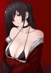 Rule 34 | 1girl, ahoge, azur lane, bad id, bad twitter id, bare shoulders, bikini, black bikini, black choker, black hair, breasts, choker, cleavage, collarbone, crossed arms, hair between eyes, head tilt, highres, jacket, large breasts, long hair, looking at viewer, off shoulder, official alternate costume, one side up, parted lips, race queen, red background, red eyes, red jacket, revision, rrr ato, simple background, solo, swimsuit, taihou (azur lane), taihou (enraptured companion) (azur lane)