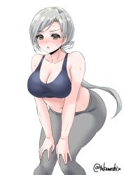 Rule 34 | 1girl, alternate costume, bare shoulders, blush, breasts, brown eyes, chitose (kancolle), cleavage, collarbone, grey hair, grey pants, hair ribbon, highres, kantai collection, large breasts, long hair, low ponytail, midriff, navel, one-hour drawing challenge, open mouth, pants, ponytail, ribbon, simple background, sleeveless, solo, takomeshi, white background, white ribbon