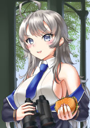 Rule 34 | 1girl, ahoge, binoculars, blue necktie, breasts, burger, commentary request, food, grey eyes, headgear, kantai collection, large breasts, long hair, looking at viewer, mayura (lucadia), necktie, off shoulder, open mouth, shirt, silver hair, sleeveless, sleeveless shirt, smile, solo, teeth, upper body, upper teeth only, washington (kancolle), white shirt