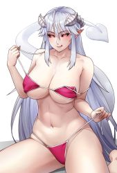 Rule 34 | 1girl, :q, bare shoulders, bikini, black sclera, breasts, collarbone, colored sclera, commentary, demon girl, demon tail, english commentary, horns, large breasts, lilim (monster girl encyclopedia), long hair, maritan (pixelmaritan), monster girl encyclopedia, naughty face, navel, orange eyes, pointy ears, red bikini, sidelocks, simple background, sitting, smile, solo, strap slip, string bikini, swimsuit, tail, tongue, tongue out, very long hair, white background, white hair