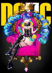 Rule 34 | 1girl, armchair, belt buckle, belt collar, black background, black collar, black footwear, black gloves, black thighhighs, blue hair, blue skirt, blue sleeves, boots, bottle, bow, buckle, candy, chair, character request, chocolate, collar, commentary request, crossed legs, crown, destiny child, detached sleeves, drill hair, fangs, fangs out, food, food in mouth, frilled skirt, frills, gloves, gradient background, hair between eyes, hair bow, half gloves, hands up, head tilt, highres, holding, holding bottle, holding food, horns, lollipop, long hair, long sleeves, mouth hold, multicolored hair, parted lips, pink bow, platform footwear, see-through, single detached sleeve, sitting, skirt, sleeves past wrists, solo, spiked boots, spiked gloves, strapless, studded collar, tamaki mitsune, tattoo, thigh boots, thighhighs, twin drills, two-tone hair, very long hair
