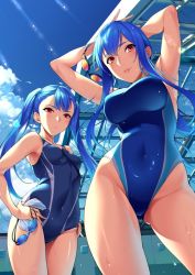 Rule 34 | 2girls, arms behind head, blue hair, blue sky, blue one-piece swimsuit, breasts, character request, cloud, commentary request, competition swimsuit, copyright request, cowboy shot, day, goggles, unworn goggles, hand on own hip, large breasts, looking at viewer, multiple girls, one-piece swimsuit, outdoors, parted lips, red eyes, rooftop, short hair with long locks, sky, sugarbeat, unworn swim cap, swimsuit, twintails