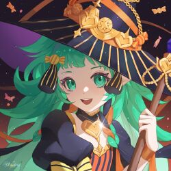Rule 34 | 1girl, black dress, black hat, broom, candy, commentary, dress, fire emblem, fire emblem: three houses, fire emblem heroes, food, green eyes, green hair, halloween costume, hat, highres, holding, holding broom, long hair, looking at viewer, nintendo, official alternate costume, orange dress, pointy ears, puffy short sleeves, puffy sleeves, short sleeves, smile, solo, sothis (fire emblem), sothis (halloween) (fire emblem), teeth, twintails, two-tone dress, tzzis, upper teeth only, very long hair, witch hat