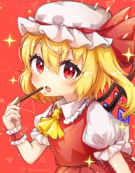 Rule 34 | 1girl, absurdres, arms up, ascot, asymmetrical bangs, asymmetrical hair, blonde hair, blush, collar, commentary request, crystal, eyelashes, fang, flandre scarlet, food, frilled collar, frills, hair between eyes, hat, hat ribbon, highres, holding, looking at viewer, mob cap, one side up, open mouth, pocky, puffy short sleeves, puffy sleeves, rainbow order, red background, red eyes, red ribbon, red skirt, red vest, ribbon, shirt, short sleeves, simple background, skin fang, skirt, solo, sparkle, standing, suguharu86, touhou, twitter username, upper body, vest, white hat, white shirt, wings, wrist cuffs, yellow ascot