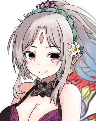 Rule 34 | 1girl, bare shoulders, breasts, cleavage, commentary, english commentary, fire emblem, fire emblem heroes, grey hair, high ponytail, highres, large breasts, nintendo, parted bangs, plumeria (fire emblem), pointy ears, red eyes, smile, swimsuit, tavi (hosheezus)