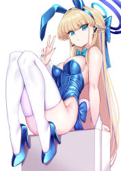 Rule 34 | 1girl, absurdres, animal ear hairband, animal ears, ankomochi142, arm at side, arm support, bare arms, bare shoulders, blonde hair, blue archive, blue bow, blue bowtie, blue eyes, blue footwear, blue hairband, blue halo, blue leotard, blue nails, bow, bowtie, braid, breasts, collar, detached collar, earrings, fake animal ears, fake tail, from side, full body, hair bow, hairband, half updo, halo, hand up, headset, highleg, highleg leotard, highres, jewelry, knees together feet apart, knees up, leaning back, legs, leotard, long hair, looking at viewer, medium breasts, microphone, multicolored hair, nail polish, parted lips, playboy bunny, rabbit ear hairband, rabbit ears, rabbit tail, shiny clothes, sitting, solo, straight hair, streaked hair, tail, thighhighs, toki (blue archive), v, very long hair, white background, white collar, white thighhighs, white wrist cuffs, wrist cuffs