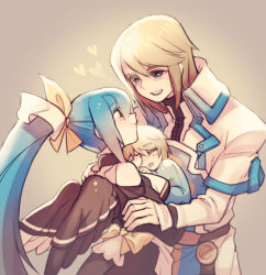 Rule 34 | 1girl, 2boys, bad id, bad pixiv id, blonde hair, blue eyes, blue hair, dizzy (guilty gear), family, father and son, gradient background, guilty gear, guilty gear xrd, heart, husband and wife, ky kiske, long hair, mother and son, multiple boys, ponytail, san (winteroll), sin kiske, wings