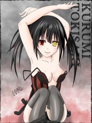 Rule 34 | 1girl, absurdres, arms up, black camisole, black hair, black panties, blush, breasts, camisole, cleavage, cloud, collarbone, date a live, date a live: date a bullet, grey background, grey thighhighs, heterochromia, highres, long hair, looking at viewer, medium breasts, naaro ageha, open mouth, panties, pink background, red eyes, sitting, smile, solo, strap slip, striped camisole, symbol-shaped pupils, thighhighs, tokisaki kurumi, twintails, two-tone background, underwear, yellow eyes