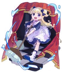 Rule 34 | 1girl, apron, blonde hair, blue bow, blue dress, blue eyes, blunt bangs, boots, bow, checkered floor, curtains, dress, emilico (shadows house), full body, hair bow, highres, holding, holding mop, long hair, looking at viewer, mop, open mouth, plumshk, shadows house, smile, solo, two side up, white apron