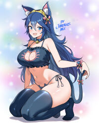 1girl alternate_costume animal_ears artist_name bell blue_bra blue_collar blue_eyes blue_hair blue_panties blue_tail blue_thighhighs blush bra breasts cat_cutout cat_ears cat_girl cat_lingerie cat_tail cleavage cleavage_cutout clothing_cutout collar commentary english_commentary fire_emblem fire_emblem_awakening full_body gold_hairband hair_between_eyes hairband highres jarckius jingle_bell kemonomimi_mode kneeling large_breasts looking_at_viewer lucina_(fire_emblem) meme_attire navel nintendo no_shoes open_mouth panties side-tie_panties smile solo tail thighhighs underwear wristband